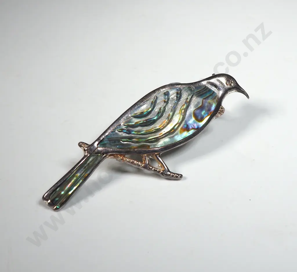Vintage Sterling Silver & Paua Shell Tui Bird Brooch Image 1++