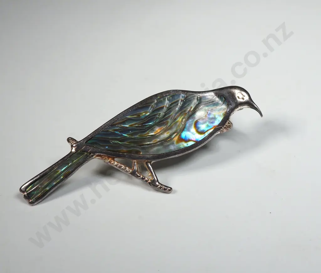 Vintage Sterling Silver & Paua Shell Tui Bird Brooch Image 1++