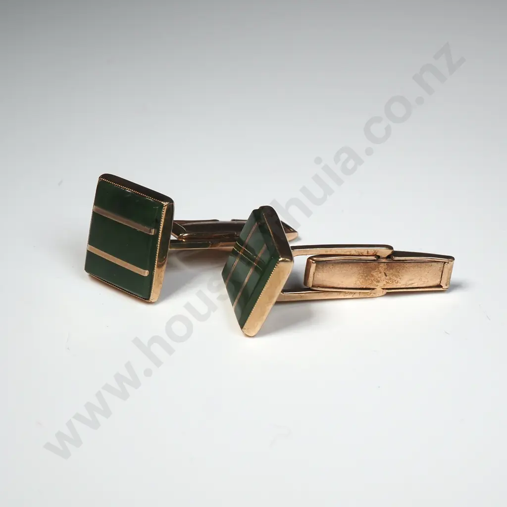 Pair of 9ct Gold & Greenstone Cufflinks w Gold Bar Accent Image 1++