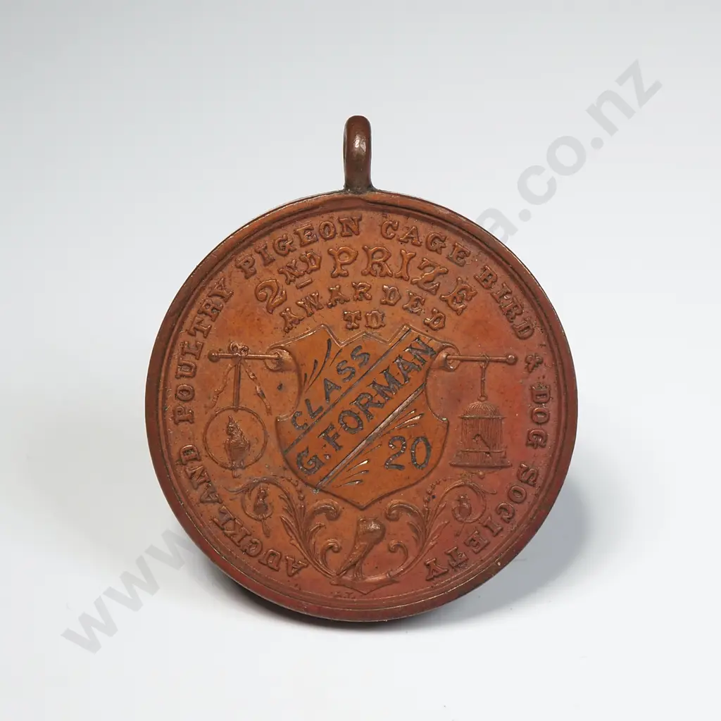 1888 Anton Teutenberg Auckland Poultry Pigeon Cage Bird & Dog Society Bronze Medals, 2nd Prize Awarded to G. Forman Image 1++