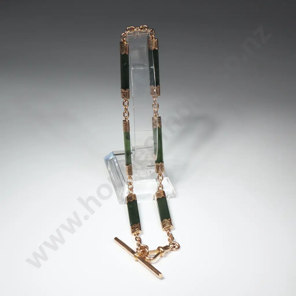 Antique 9ct Gold Rail Link Fob Chain w Six Greenstone rails Image 1++