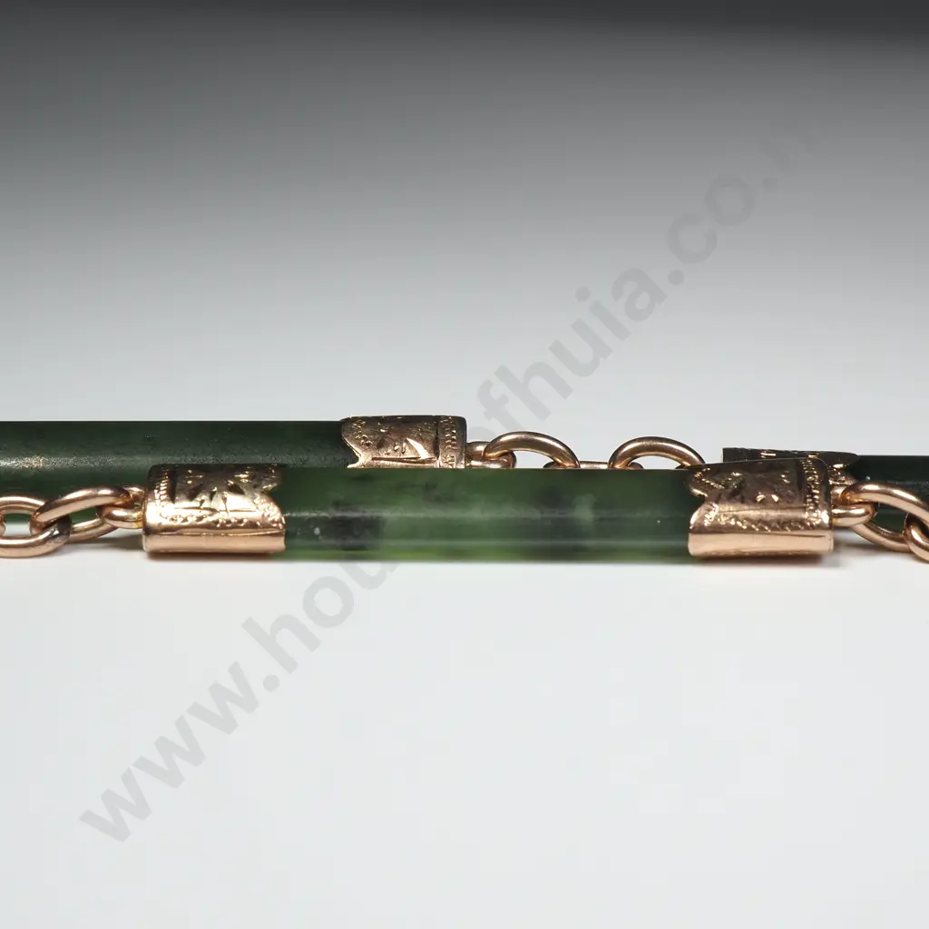 Antique 9ct Gold Rail Link Fob Chain w Six Greenstone rails Image 1++