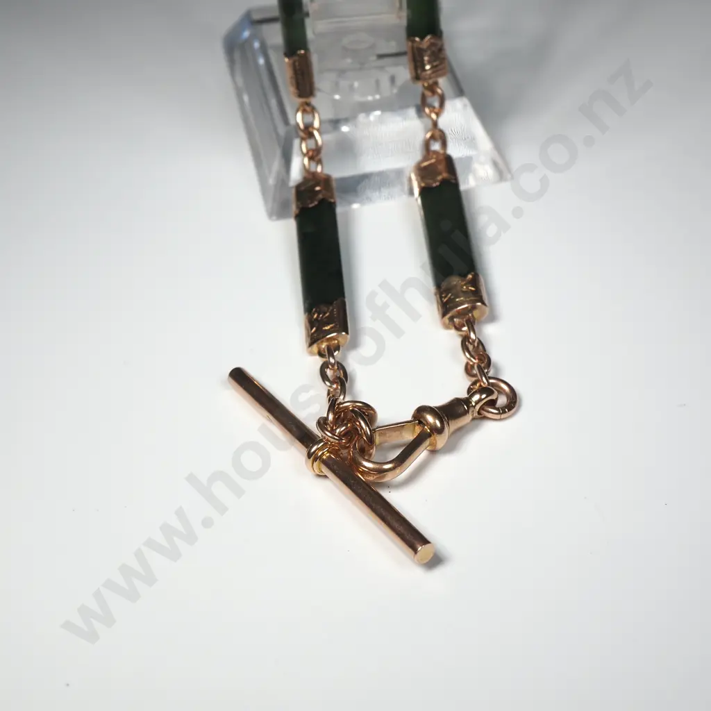 Antique 9ct Gold Rail Link Fob Chain w Six Greenstone rails Image 1++