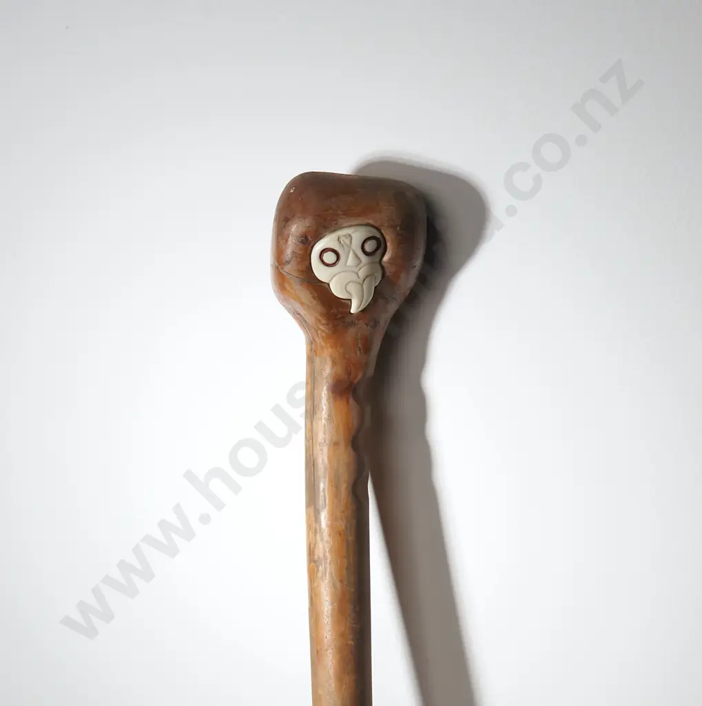 Vintage NZ Maori Alpine Walking Stick w Hand Carved Bone Tiki Head Image 1++