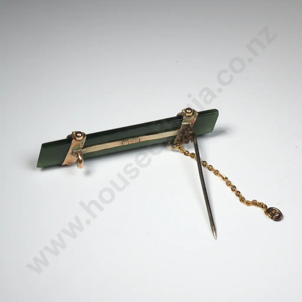 Antique 9ct Gold Greenstone Bar Brooch Image 1++