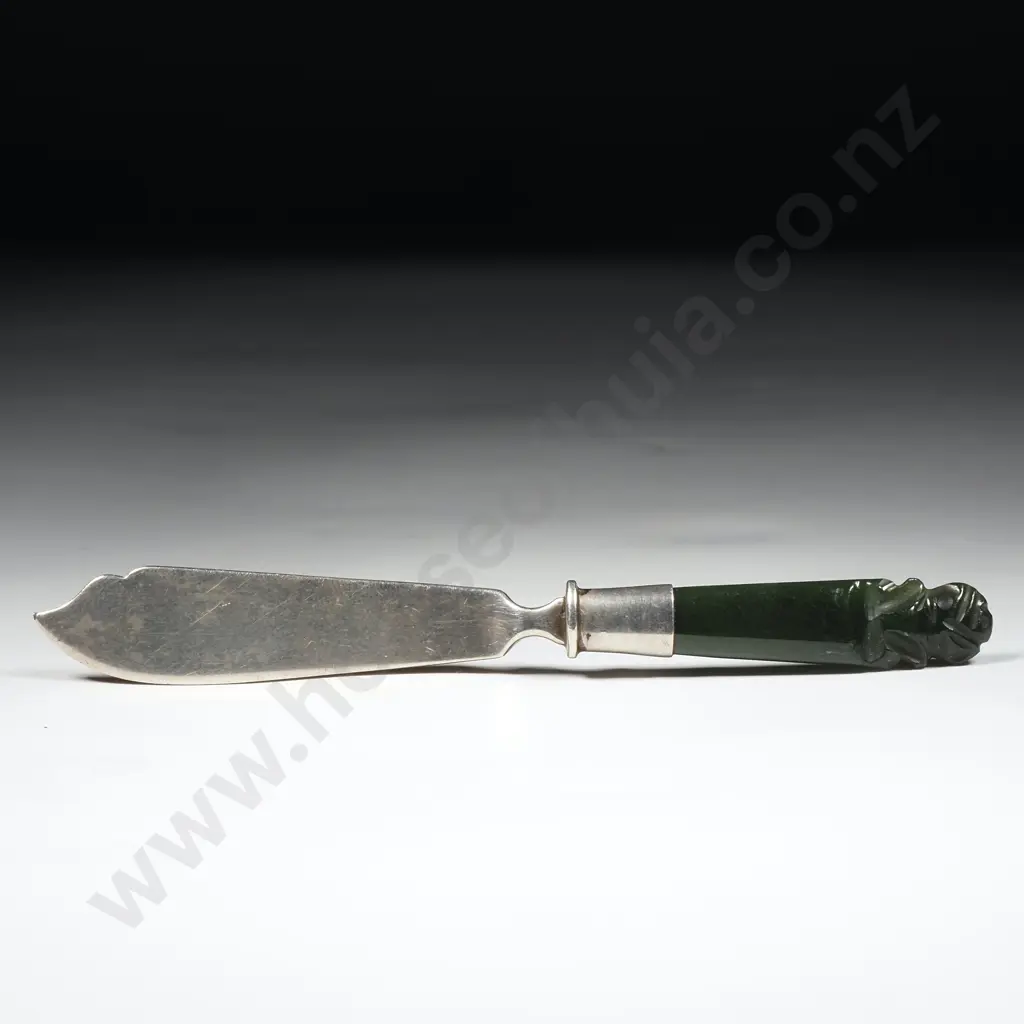 Sterling Silver Greenstone Handled Butterknife with Tiki Finial Image 1++
