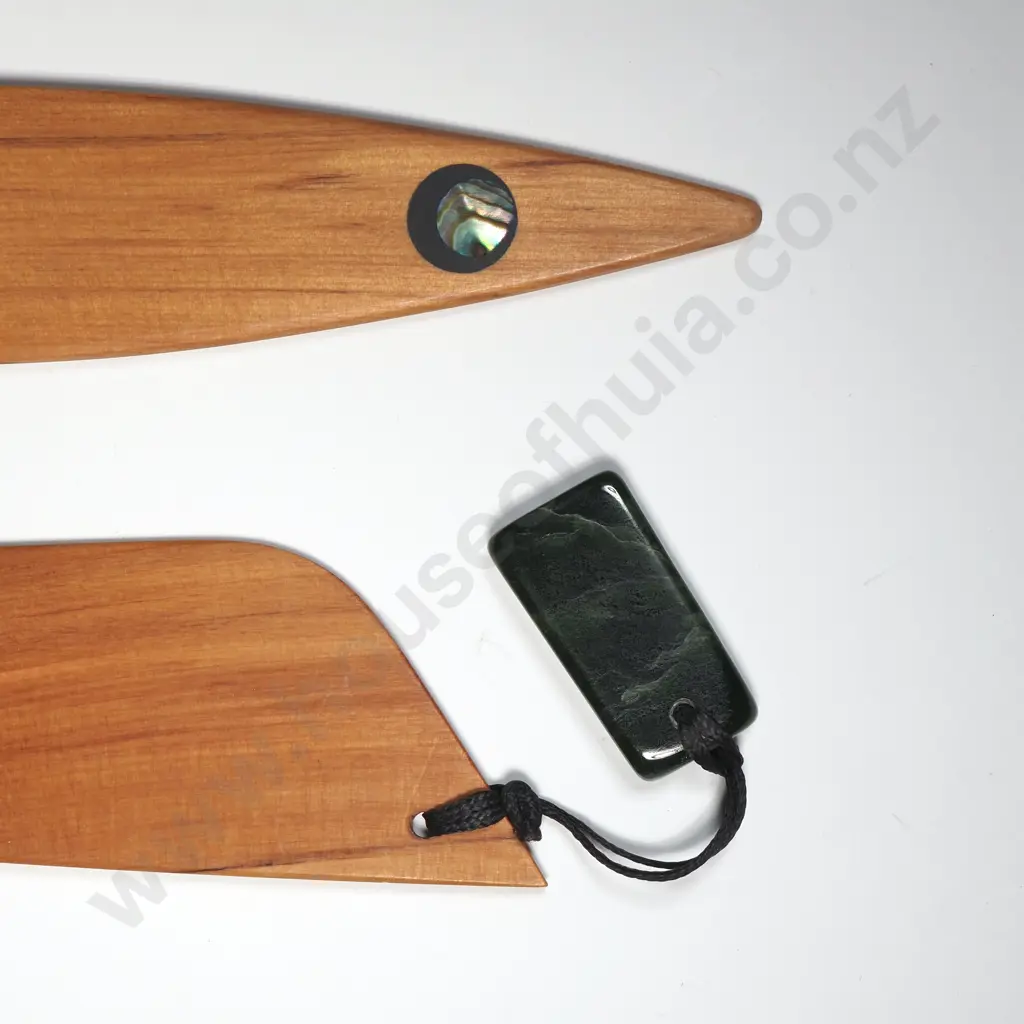 Two Rimu Bookmarks with Paua Shell Inset. One With Greenstone Attachment Image 1++
