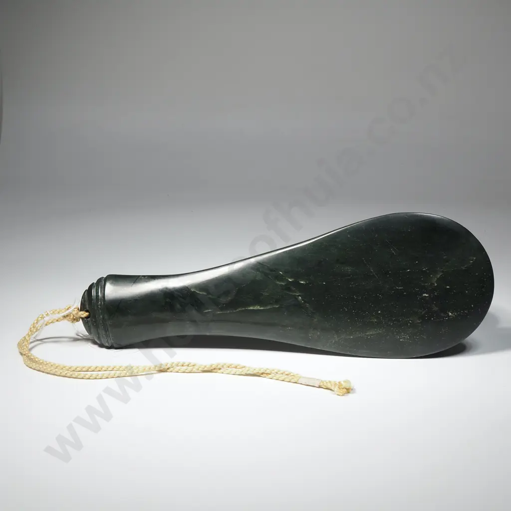 Pounamu/ Greenstone  Mere - Dark Green Colour w White Fleks & Plaited Cord Wrist Band Image 1++