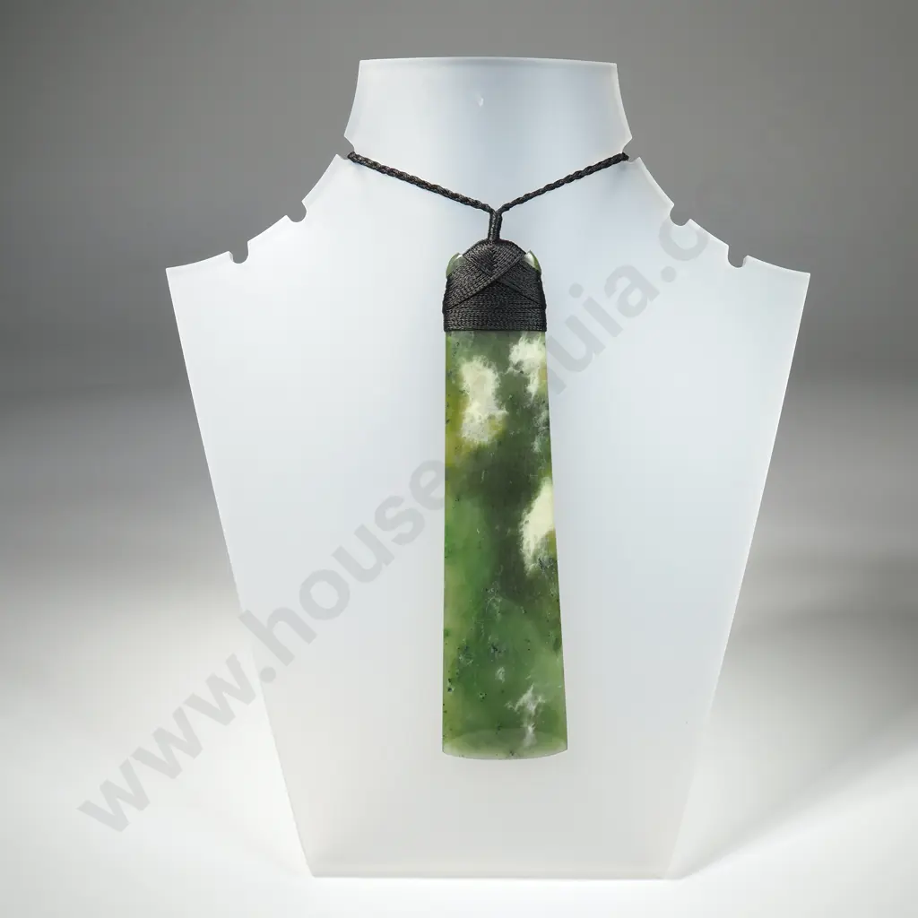 Large Traditional Greenstone/Pounamu Toki/ Adze Pendant w Cross Latched Cord Binding & Plaited Cord Necklace Image 1++
