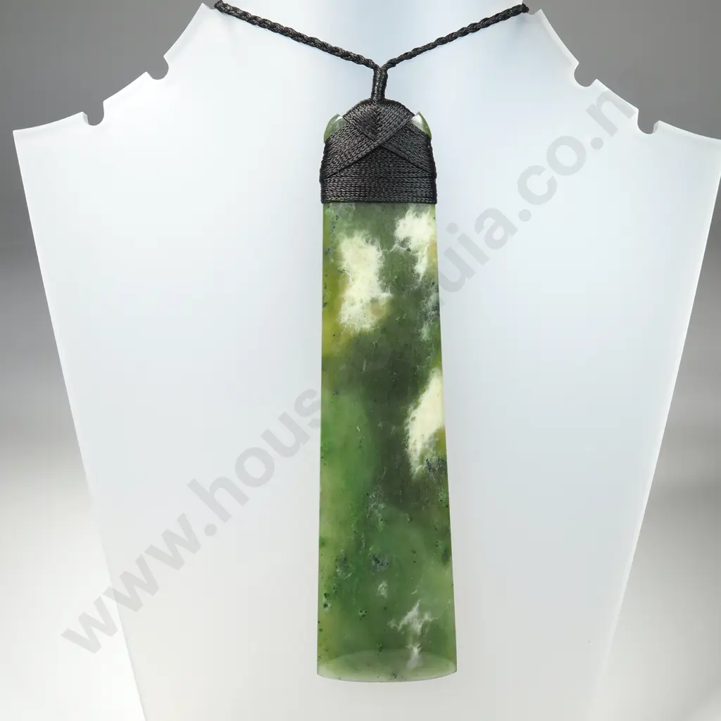 Large Traditional Greenstone/Pounamu Toki/ Adze Pendant w Cross Latched Cord Binding & Plaited Cord Necklace Image 1++