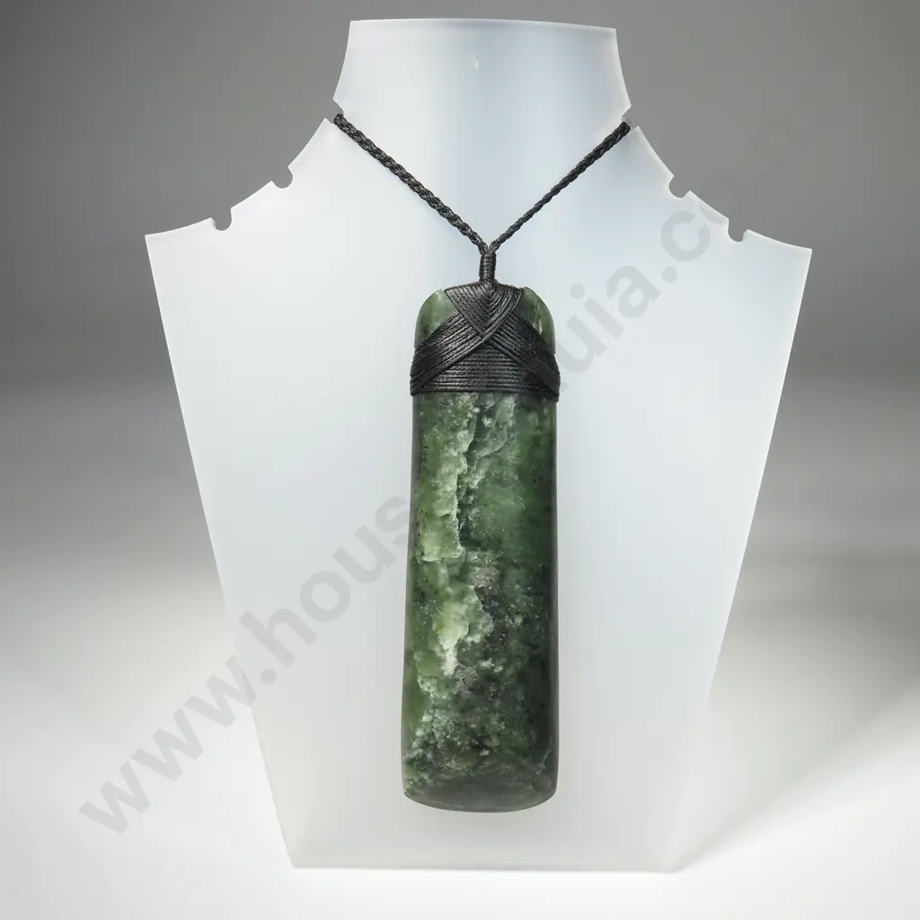 Large Traditional Greenstone/Pounamu Toki/ Adze Pendant w Cross Latched Cord Binding & Plaited Cord Necklace Image 1++