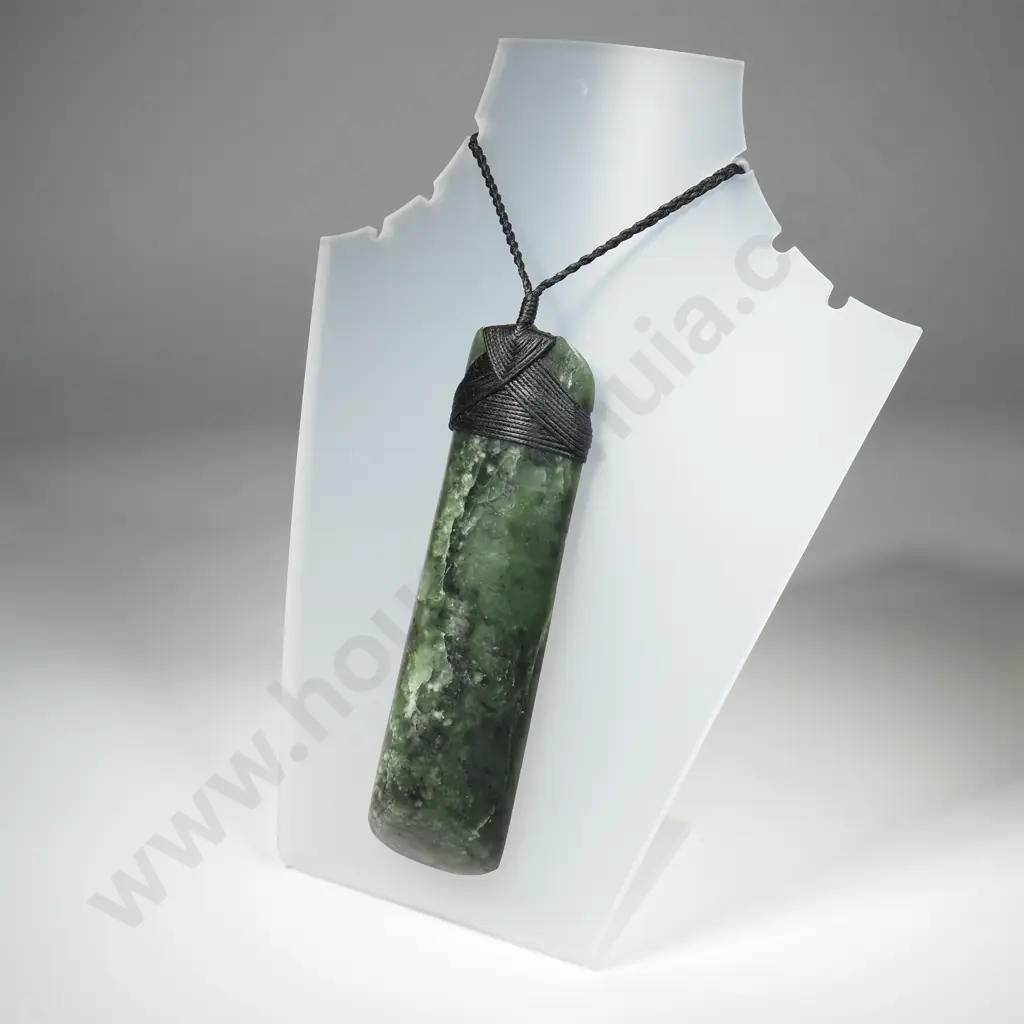 Large Traditional Greenstone/Pounamu Toki/ Adze Pendant w Cross Latched Cord Binding & Plaited Cord Necklace Image 1++