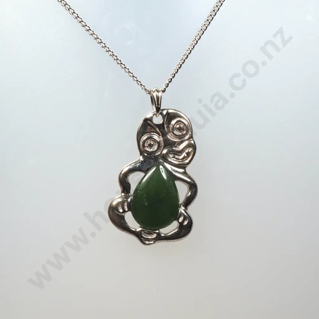 New Zealand Pounamu & Sterling Silver Tiki by Morton NZ on Chain Image 1++
