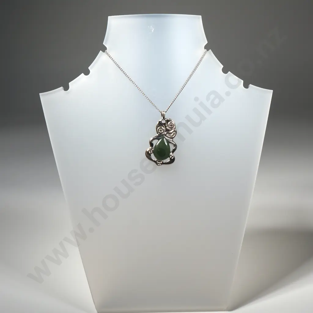 New Zealand Pounamu & Sterling Silver Tiki by Morton NZ on Chain Image 1++