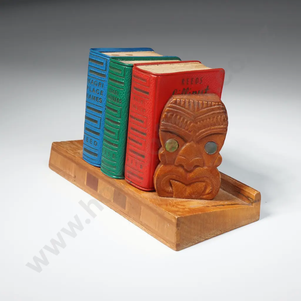 Three Lilliput Books (Maori Place Names/Proverbs/NZ Maori Dictionary) in NZ Timber Marquetry Bookstand. Image 1++