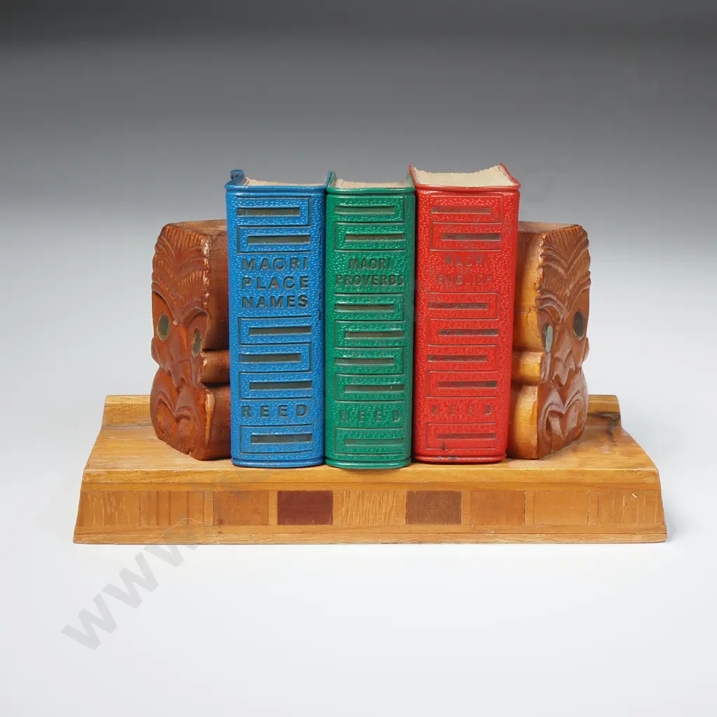 Three Lilliput Books (Maori Place Names/Proverbs/NZ Maori Dictionary) in NZ Timber Marquetry Bookstand. Image 1++