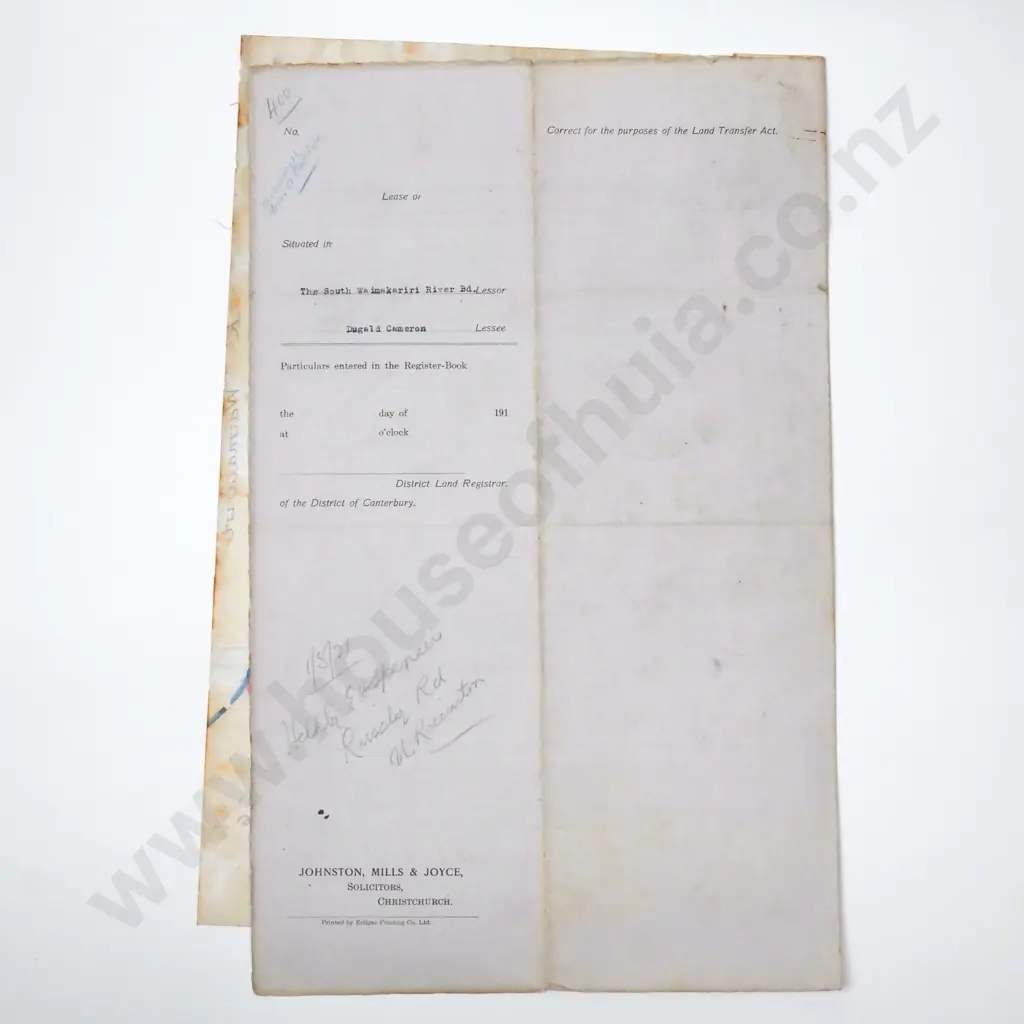 Memorandum of Lease - Christchurch New Zealand - 1916 Image 1++