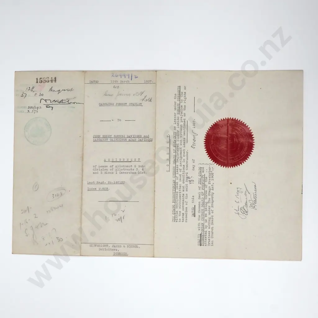 Deed - Otago New Zealand - 1937 Image 1++