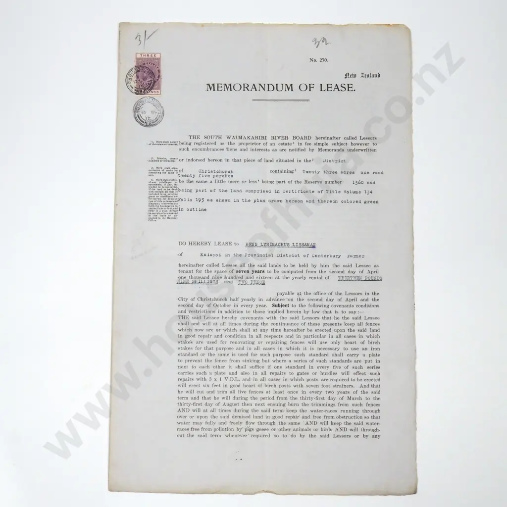 Memorandum of Lease - Christchurch New Zealand - 1916 Image 1++