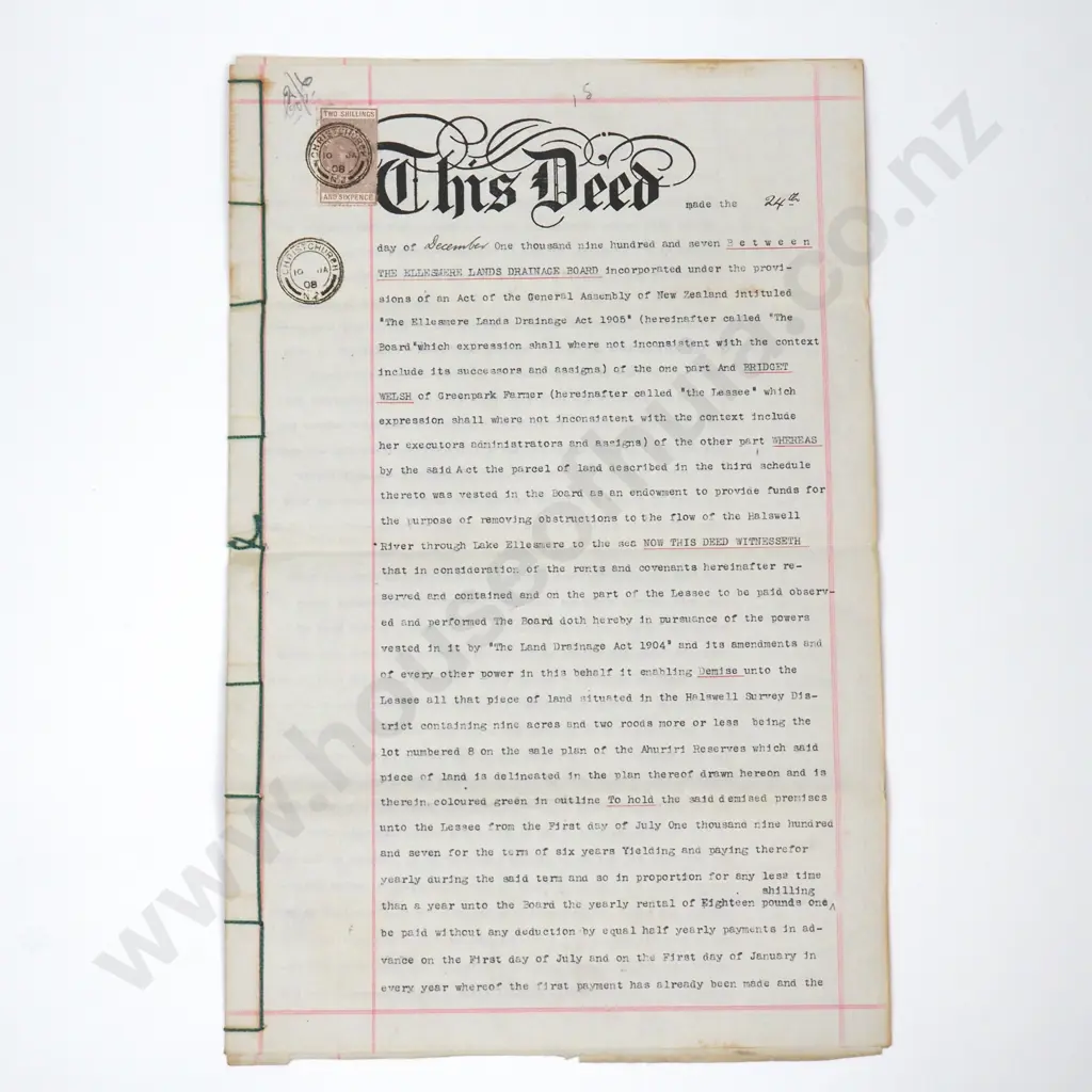 Deed - Christchurch New Zealand - 1907 Image 1++