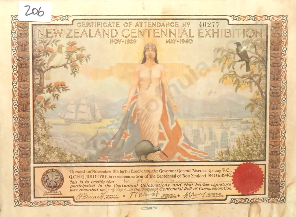 Framed Vintage Certificate of Attendance for the NZ Centennial Exhibition 1939 -1940 in Rongotai Wellington Image 1++