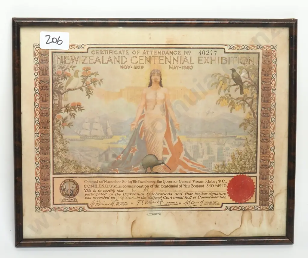 Framed Vintage Certificate of Attendance for the NZ Centennial Exhibition 1939 -1940 in Rongotai Wellington Image 1++