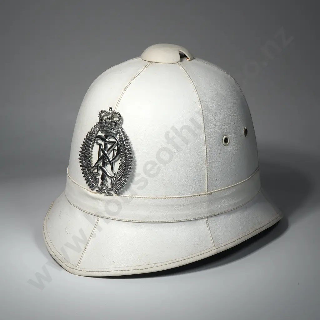Vintage White New Zealand Police Summer Helmet or 'Bobby' Helmet for Constables & Sargeants w Queen's Crown Helmet Plate Image 1++