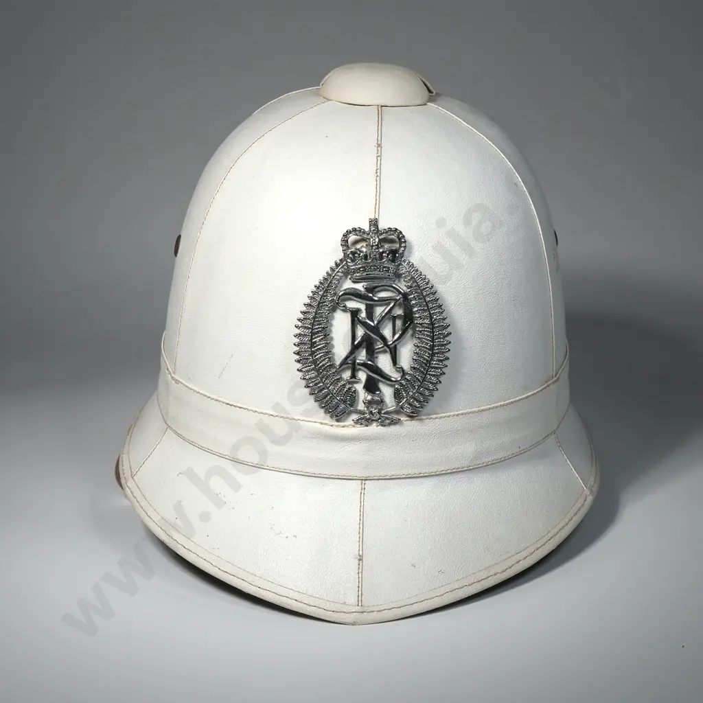 Vintage White New Zealand Police Summer Helmet or 'Bobby' Helmet for Constables & Sargeants w Queen's Crown Helmet Plate Image 1++