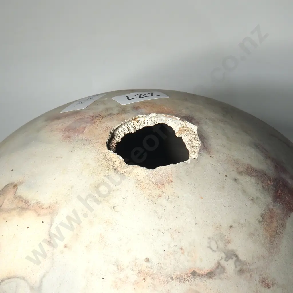 Ray Rogers, Pit Fired Pottery  Spherical Vase w Oxide Decoration In Shades Of Pink, Black Brown & Cream. Signed To Base Image 1++