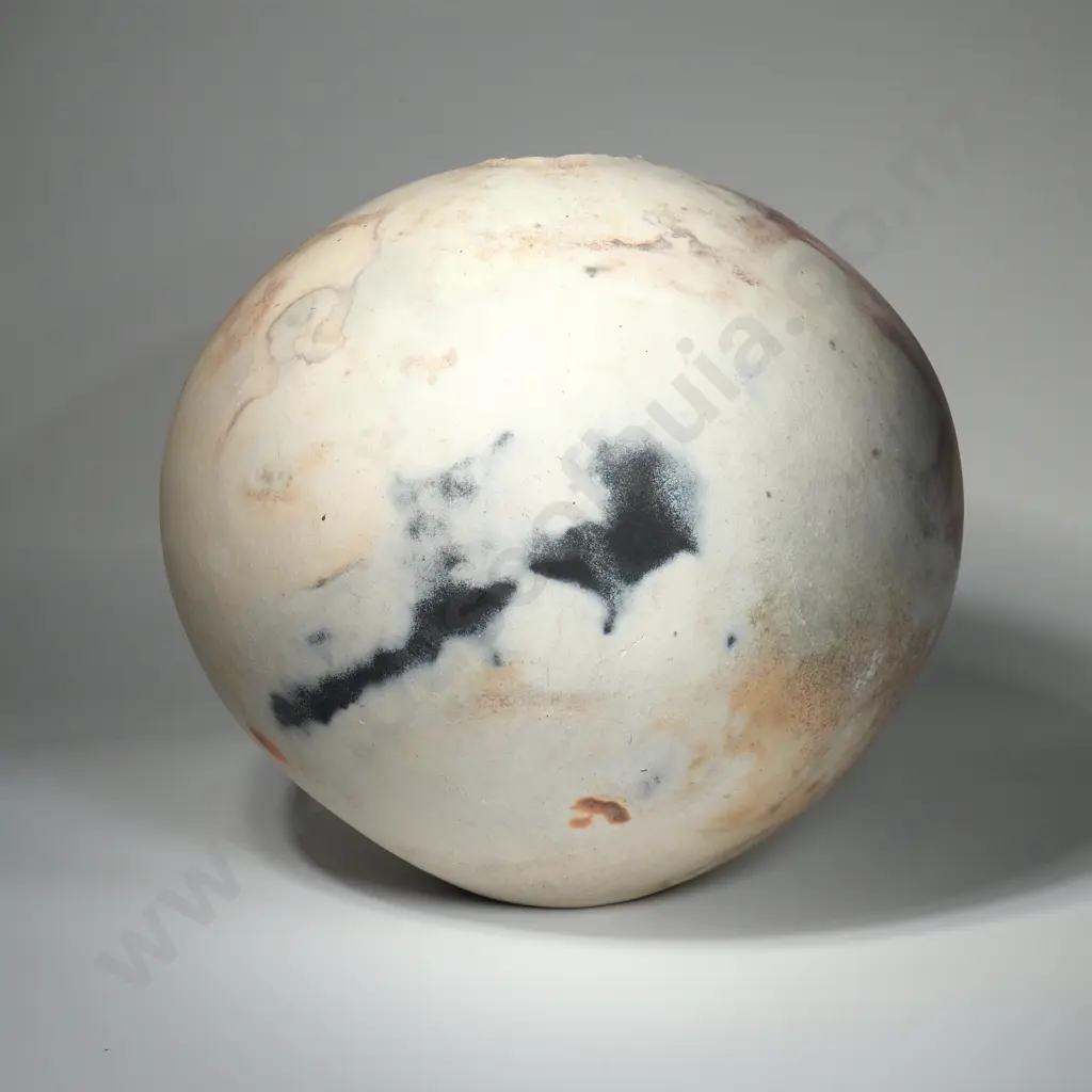Ray Rogers, Pit Fired Pottery  Spherical Vase w Oxide Decoration In Shades Of Pink, Black Brown & Cream. Signed To Base Image 1++