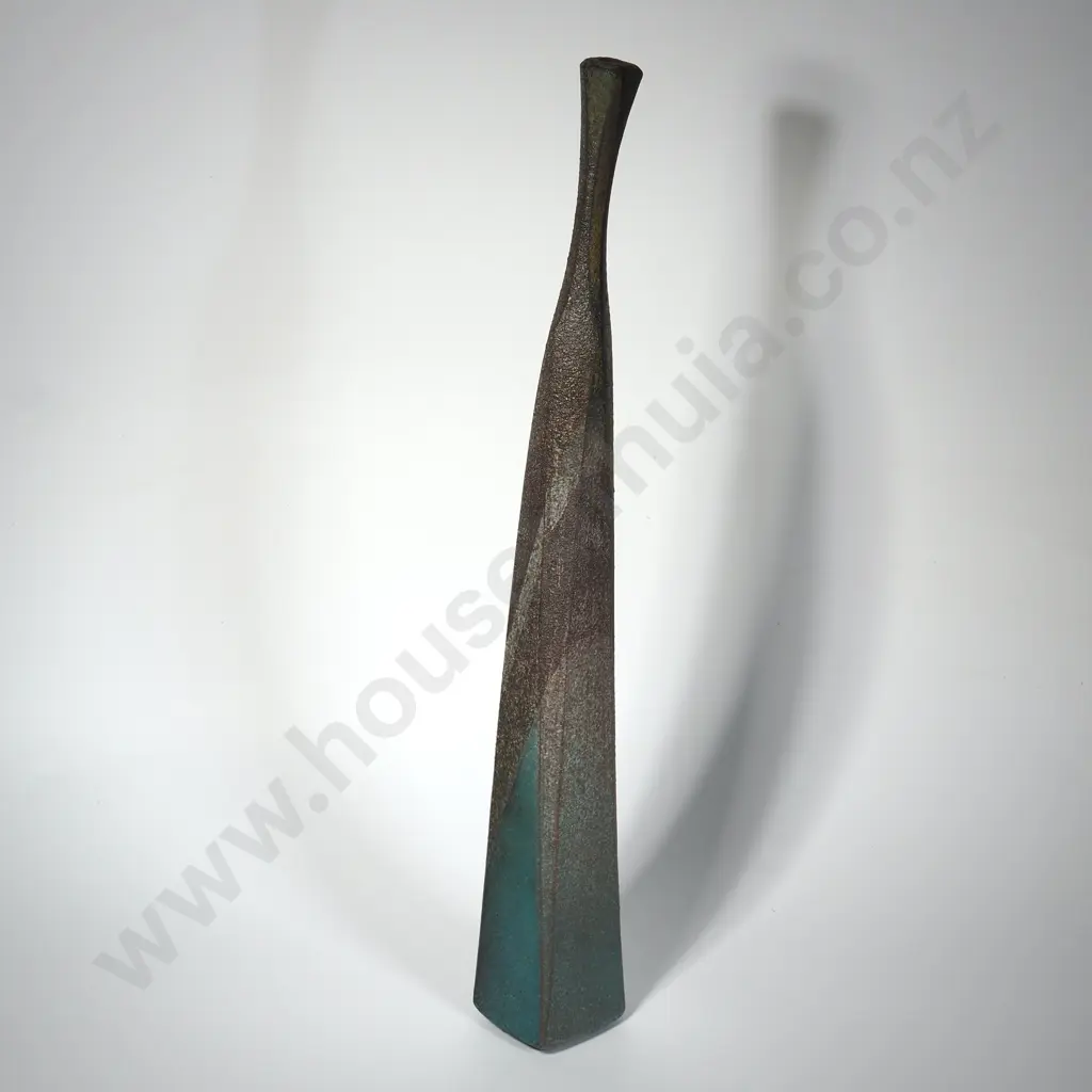 Ready Aina Apse, Facetted Pottery Bottle w Grey & Green Textured Glaze. The Base w Geometric Turquoise Accent.  Image 1++
