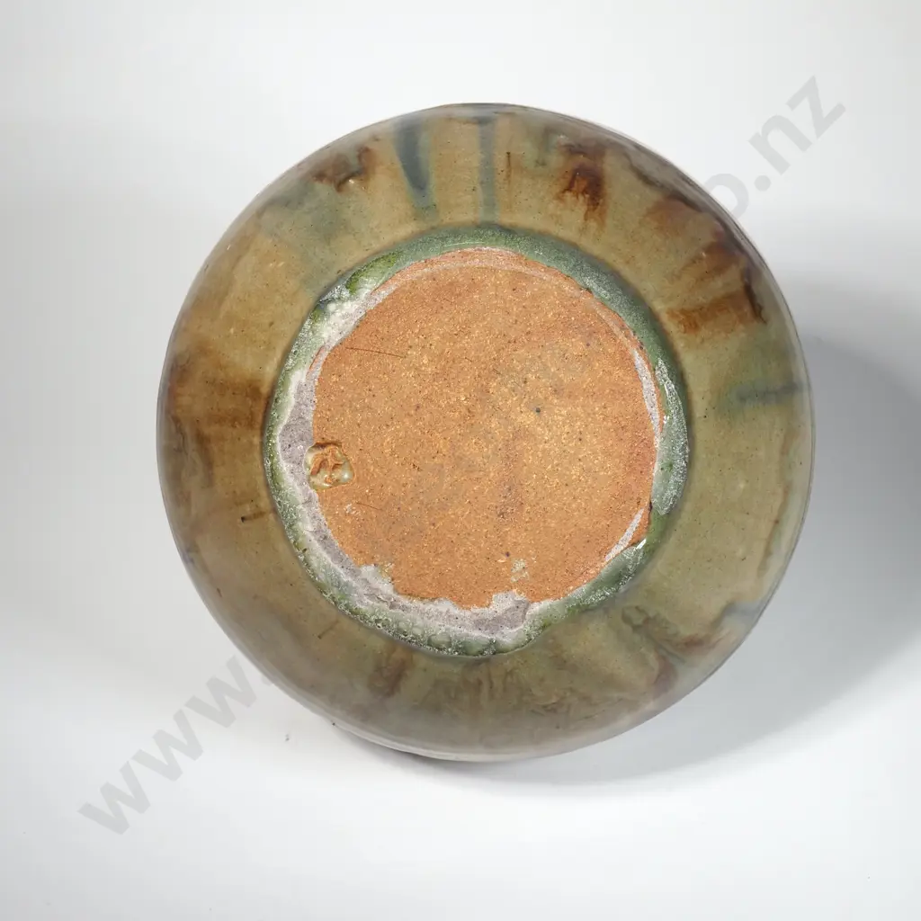 Ian Firth Stoneware Spherical Vase w Incised Floral Decoration. Image 1++