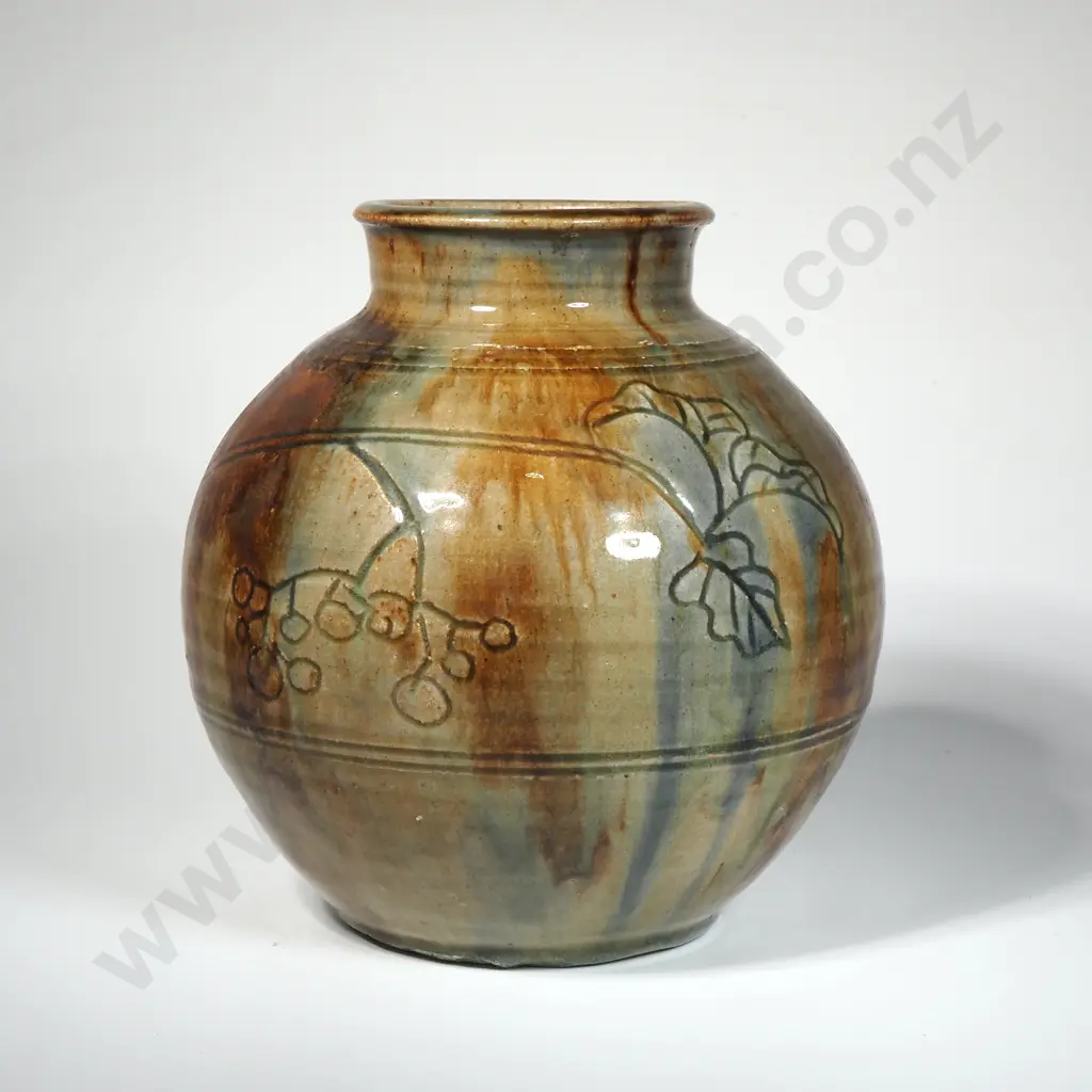 Ian Firth Stoneware Spherical Vase w Incised Floral Decoration. Image 1++