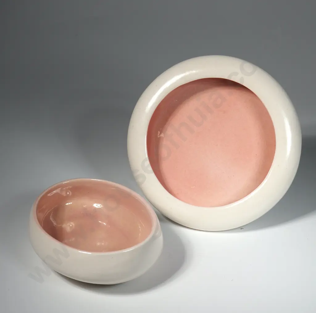 Two Small  O C Stephens NZ Pottery Bowls, Cream w Pink Interior Image 1++