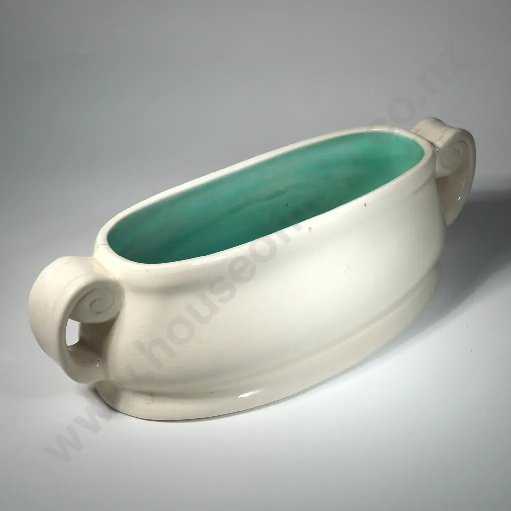 O C Stephens Cream Trough Vase w Green Interior. Image 1++