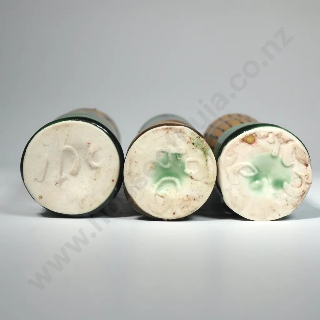 Aaron Scythe: Three  Cylindrical Vases On Textured Green, Yellow & Black Glazes. Pottery Image 1++