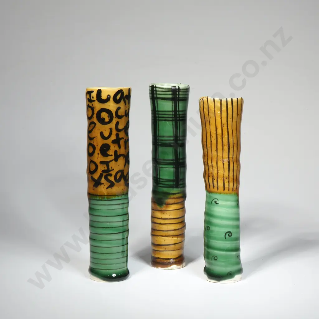 Aaron Scythe: Three  Cylindrical Vases On Textured Green, Yellow & Black Glazes. Pottery Image 1++