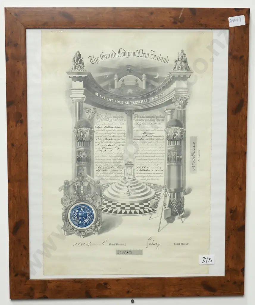 Framed 1939 Grand Lodge of New Zealand Certificate  Image 1++