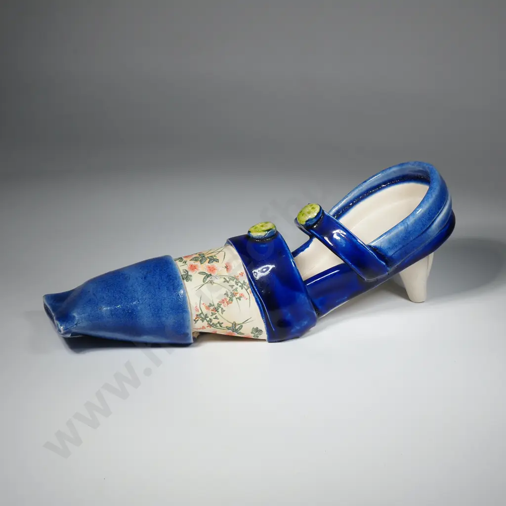 Katie Gold - Blue & Lime Shoe w Floral Decoration, Pottery Image 1++