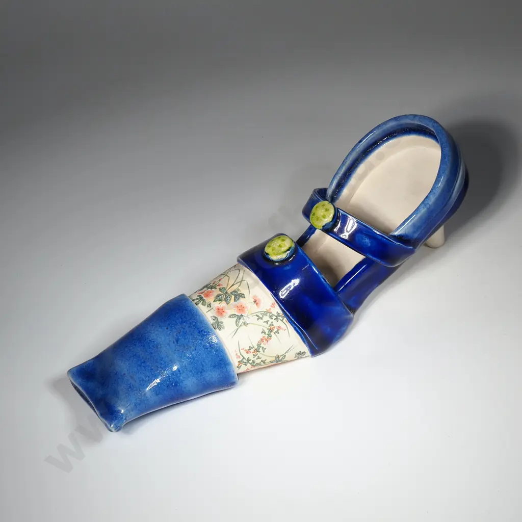 Katie Gold - Blue & Lime Shoe w Floral Decoration, Pottery Image 1++