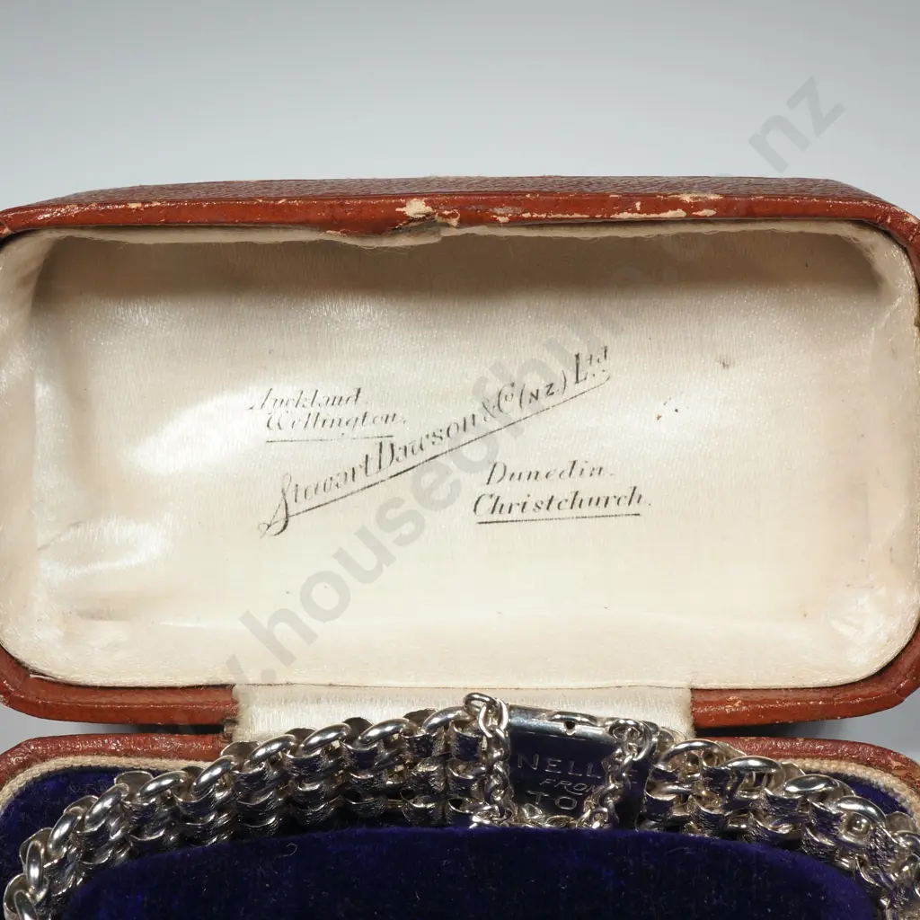Victorian Sterling Silver Bracelet (1884 Inscription on Clasp) in Antique New Zealand Jewellers Case Image 1++
