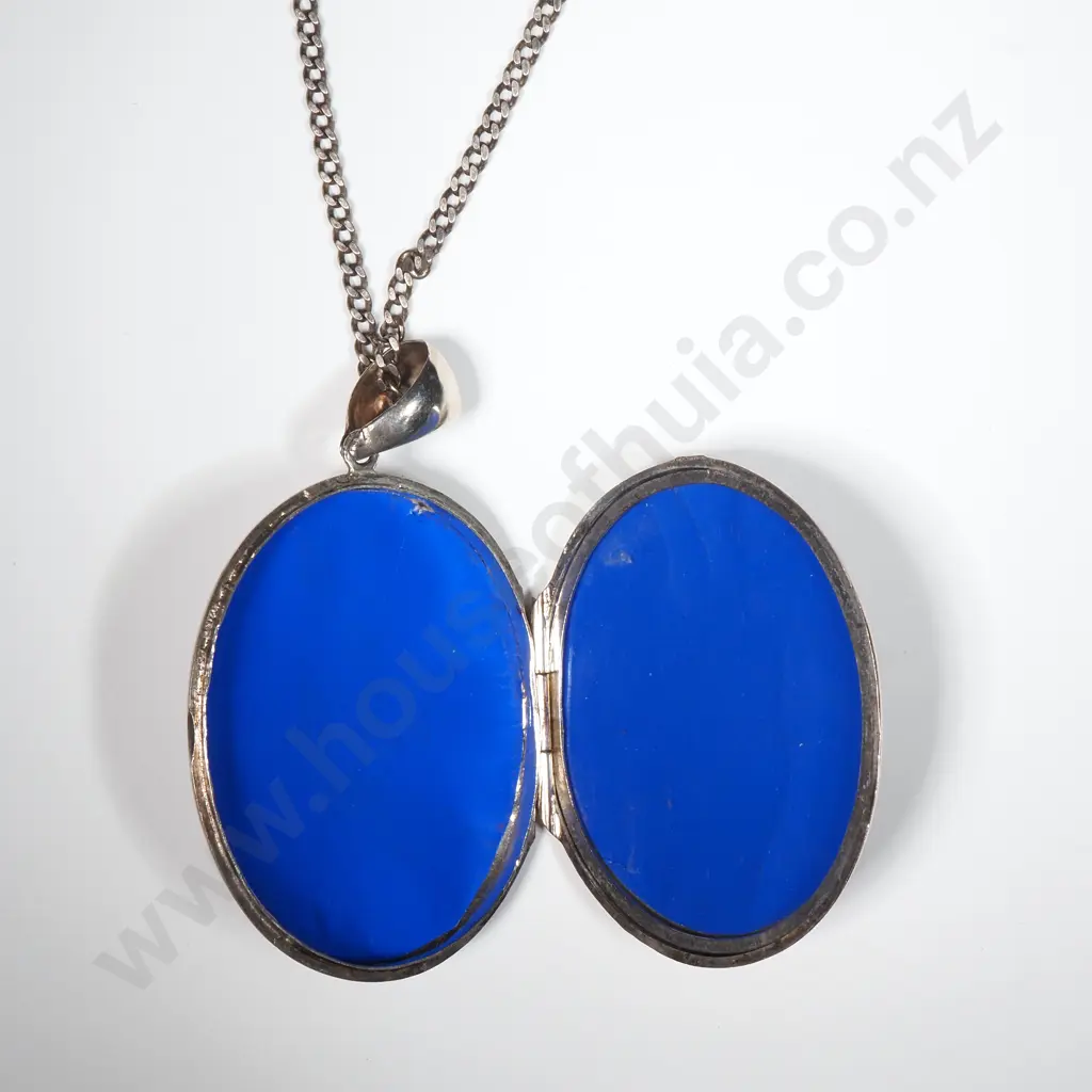 Large Antique Sterling Silver Locket on Sterling Silver Chain Image 1++