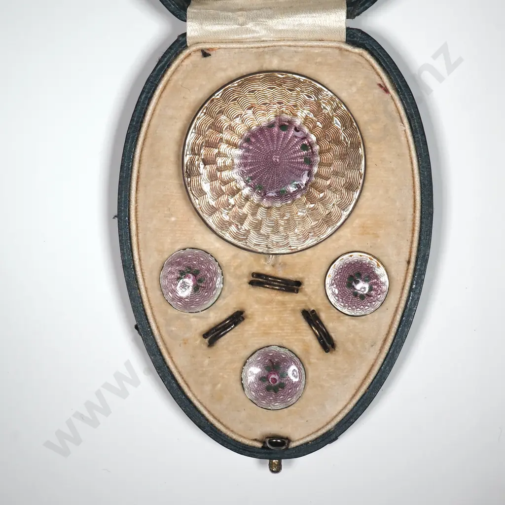 Antique Sterling Silver Machine Turned Enamel Brooch Button Set Image 1++