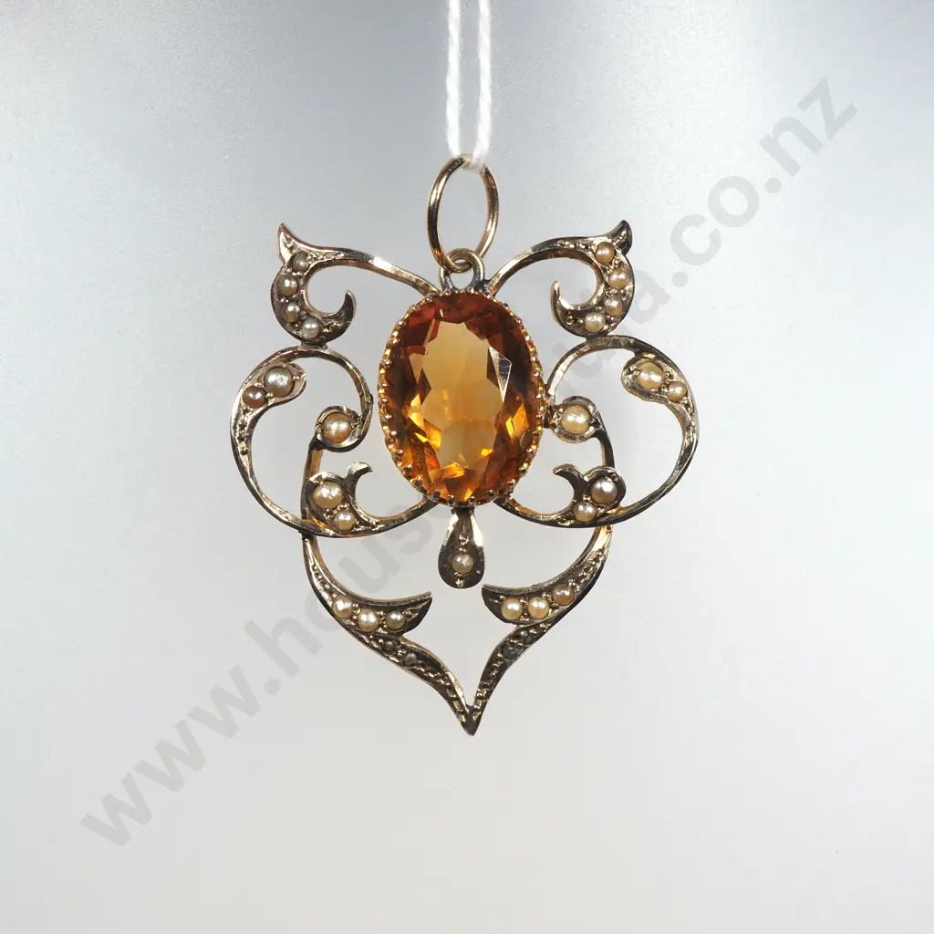 Edwardian 9ct Gold Citrine Seed Pearl Pendant Image 1++