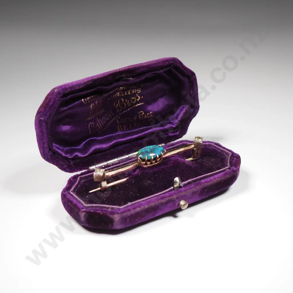 Exquisite Antique Lightning Ridge Solid Black Opal, Green Pinfire, 9ct Gold w Two Diamonds in Period Jewellers Box Image 1++