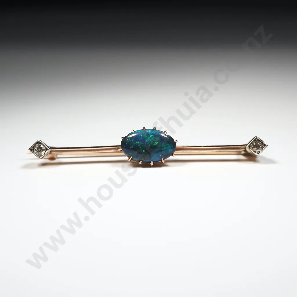 Exquisite Antique Lightning Ridge Solid Black Opal, Green Pinfire, 9ct Gold w Two Diamonds in Period Jewellers Box Image 1++
