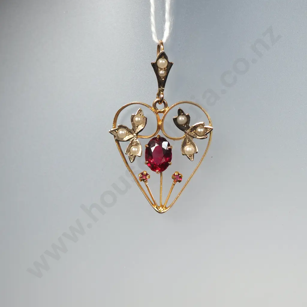 Edwardian 9ct Gold Seed Pearl & Red Gem Pendant Image 1++