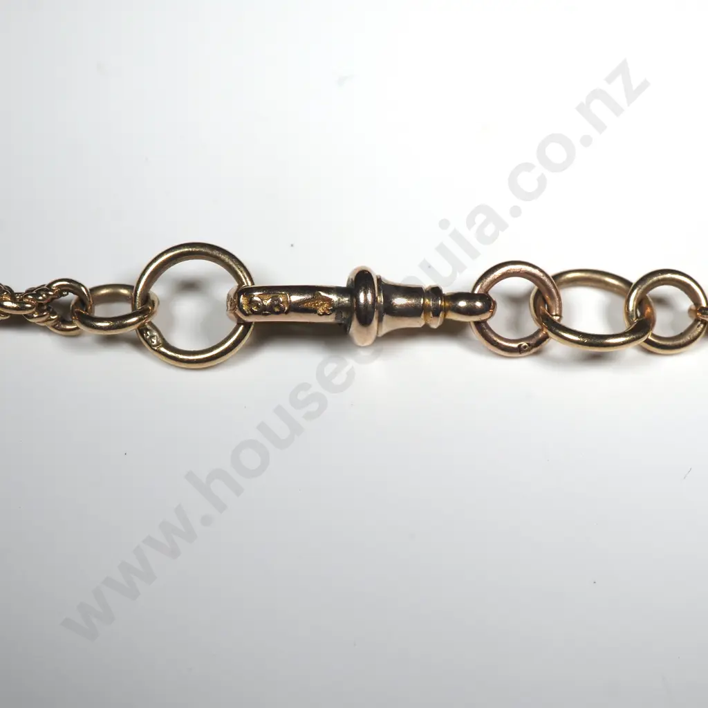 Colonial New Zealand 9ct Gold Greenstone Rail Link Fob Chain Necklace w Greenstone Pendant & T Bar Image 1++