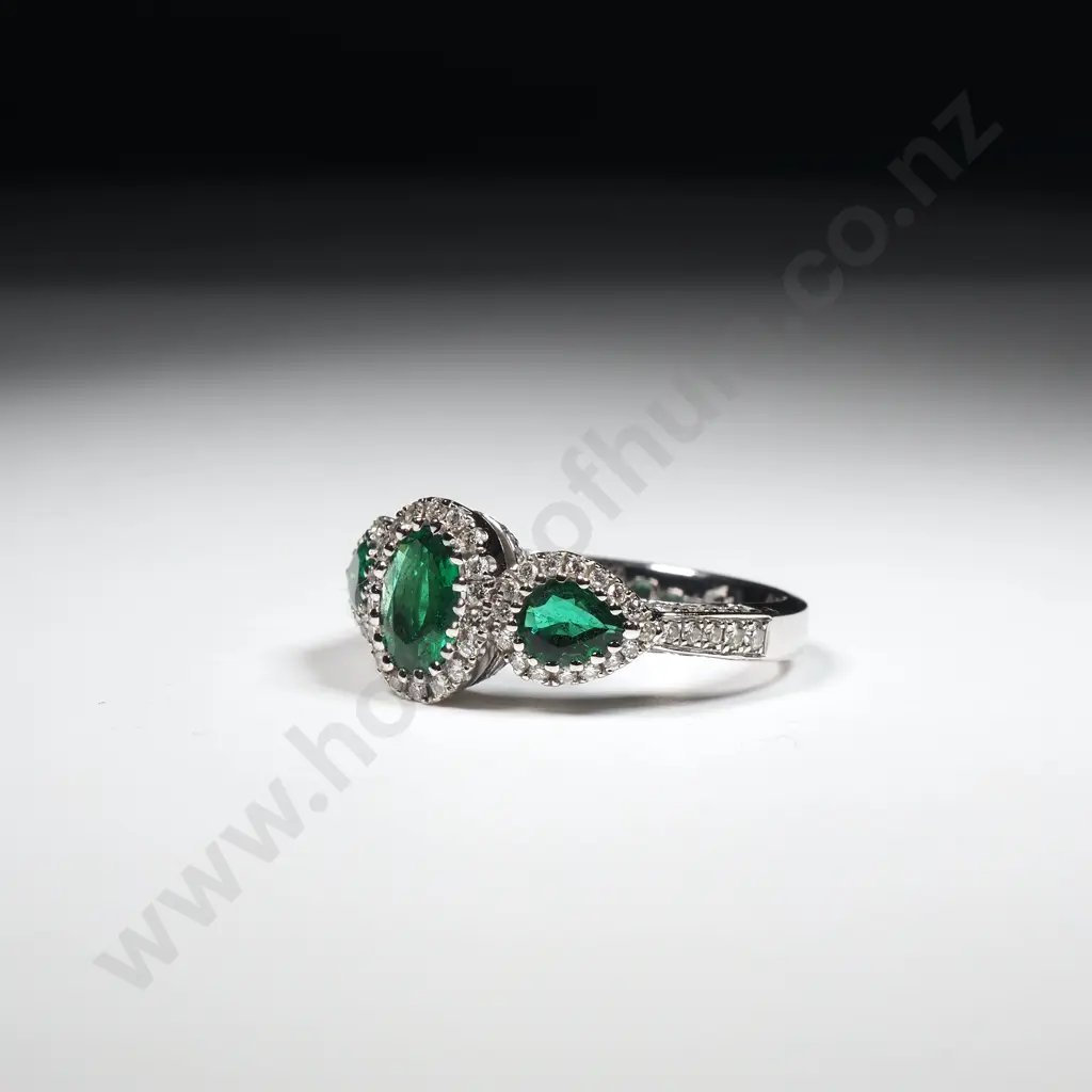 18ct White Gold, Emerald & Diamond Ring from Partridges Image 1++