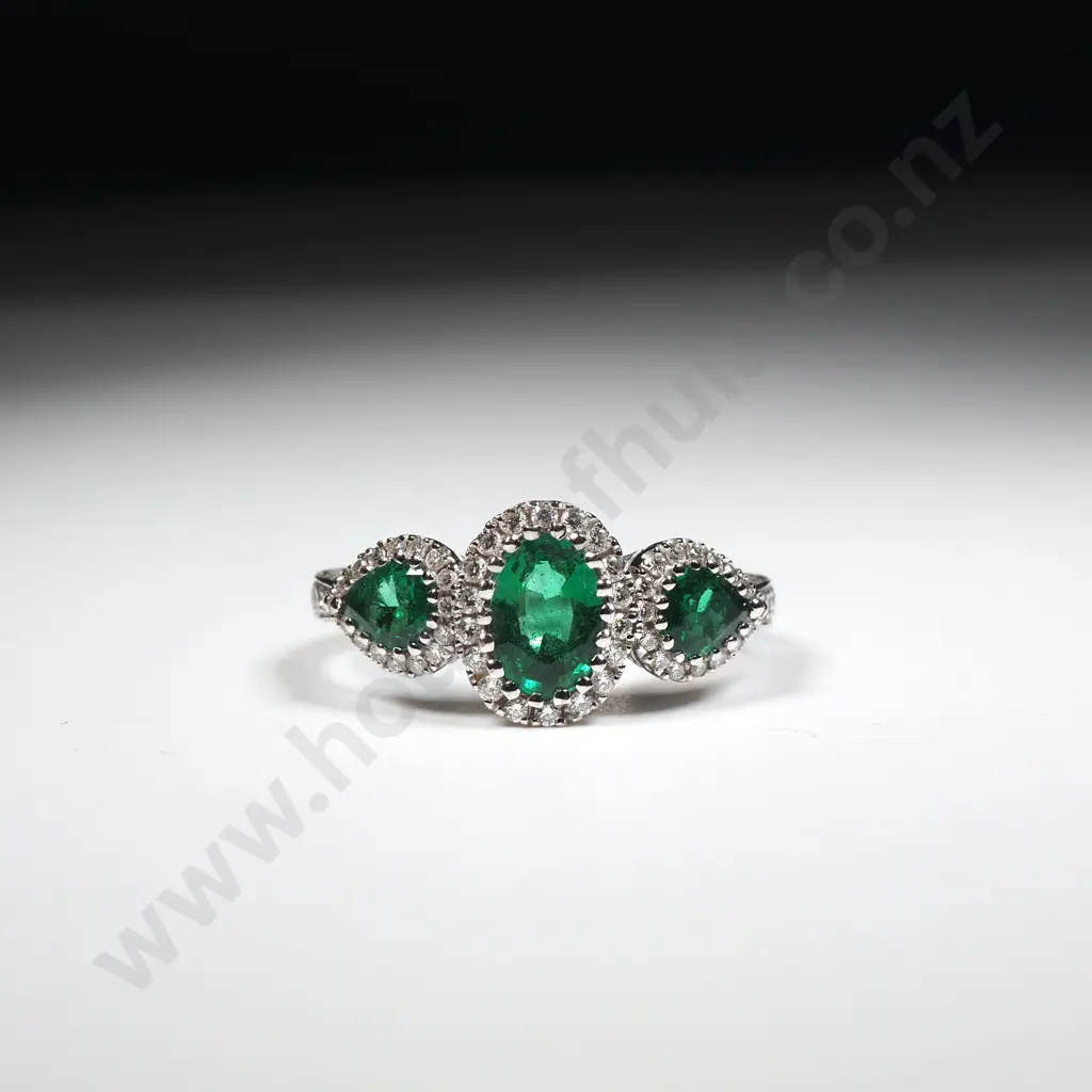 18ct White Gold, Emerald & Diamond Ring from Partridges Image 1++